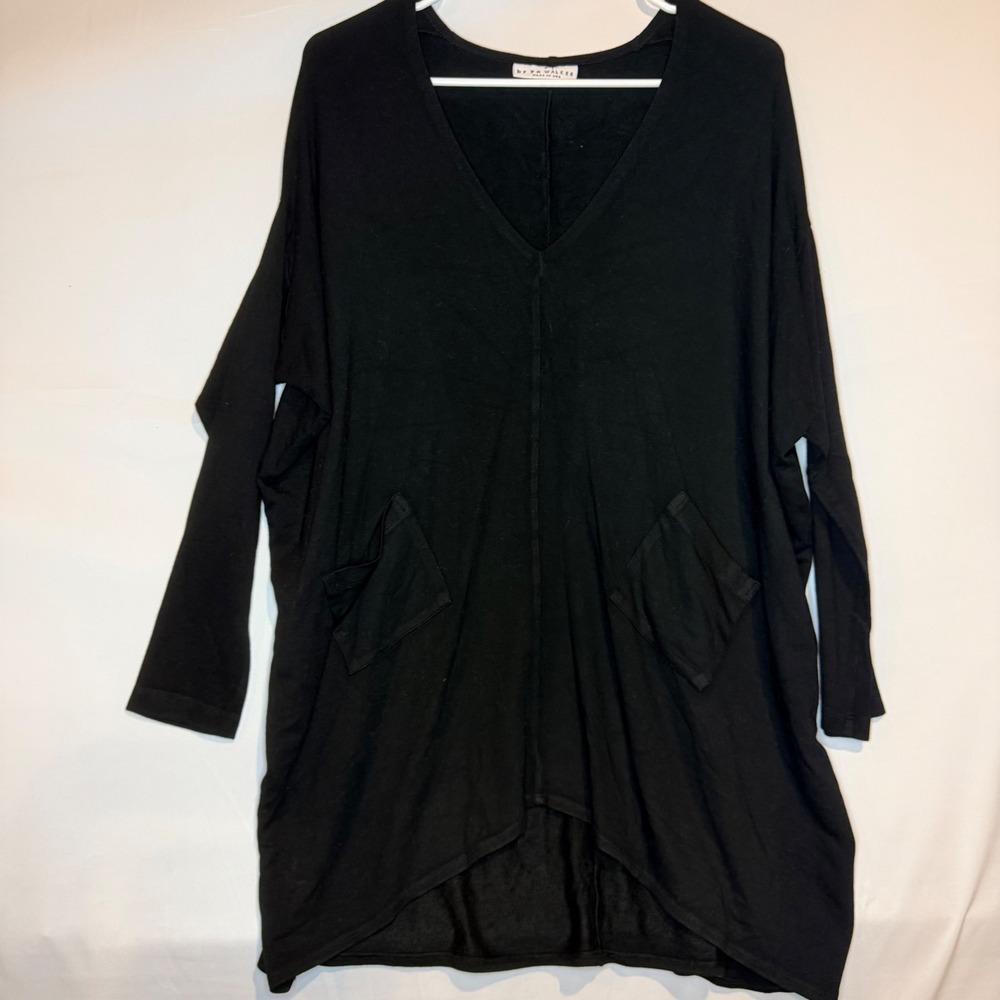 Bryn Walker Womens Black Bamboo Oversized V-Neck Tunic Top Pocket Medium